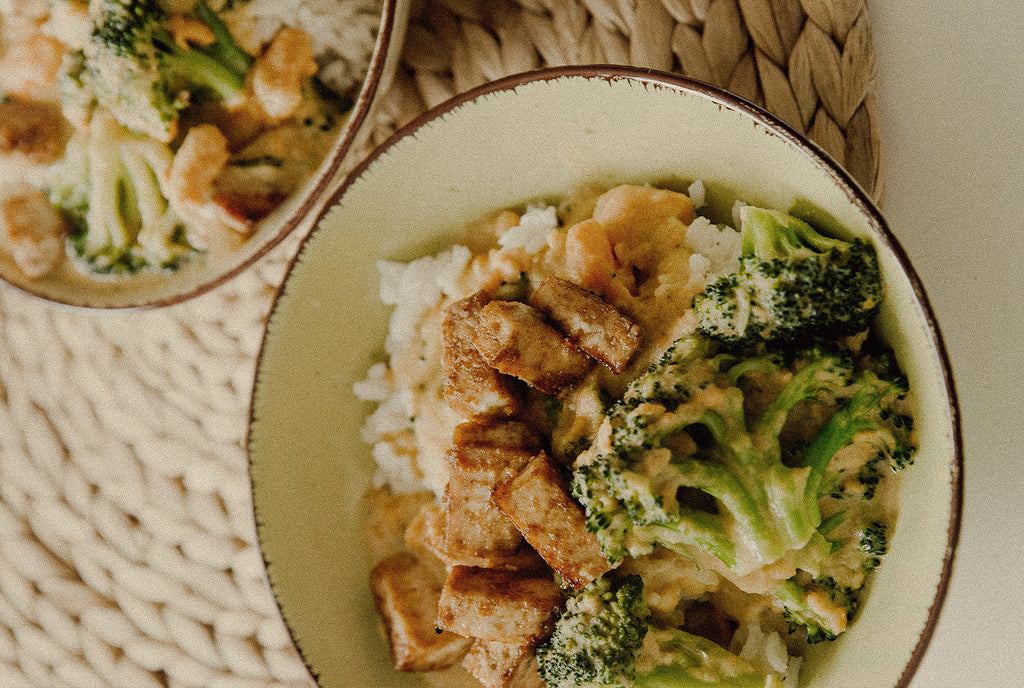 SPICY TOFU WITH STIR-FRIED BROCCOLINI.